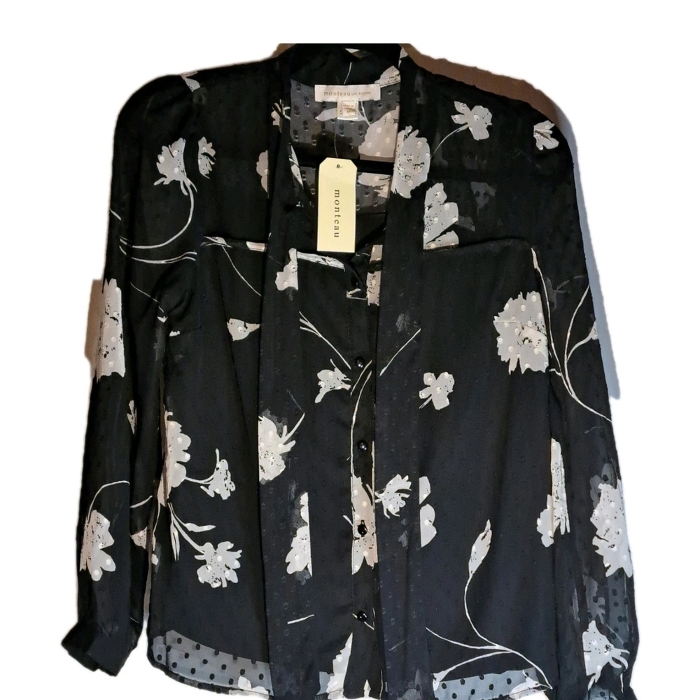Monteau Los Angeles Boho Fairy Floral Swiss Dot Sheer Puff Blouse Size Medium